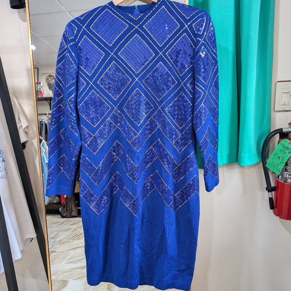 Vintage St. John Couture Blue Knit Dress Large  Long Sleeves sequins